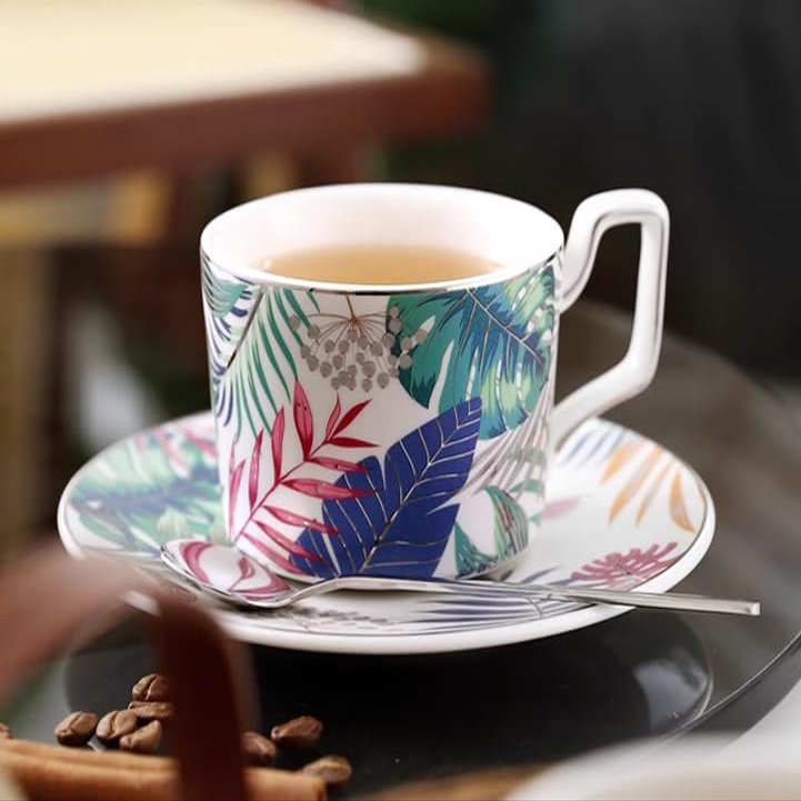 DECRZPB Ceramic Coffee and Tea Cup with Saucer, Tropical Leaves
