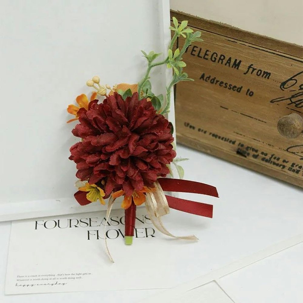 SUOCMG Burgundy Artificial Flowers for Business Celebrations, Guest Boutonniere, Wrist Corsage, Accessory Boutonniere 06