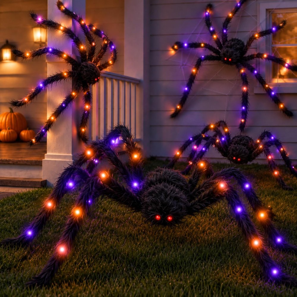 Cinnvoice Giant Halloween Spider Decorations, 122 cm, 91 cm, 70 cm, 60 cm, 60 cm, Black, Bendable, Large Artificial Spiders for Halloween, Indoor and Outdoor, Garden Party Decor, 4-Pack
