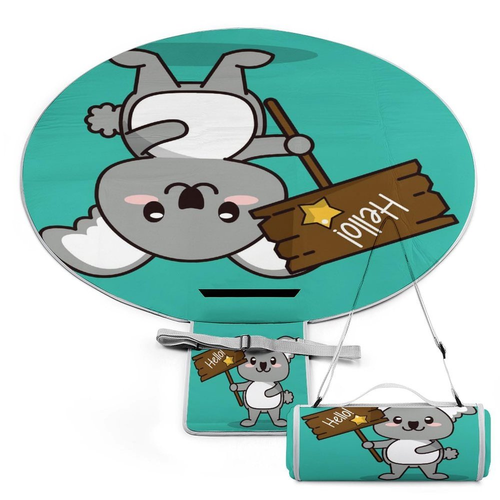 SEEKJOYS Koala Hello Round Picnic Blanket with Carrying Strap, Foldable, Portable, 3-Layer, Waterproof, 60 in