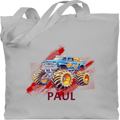 Personalized Monster Truck Cotton Tote Bag with Name – Light Gray