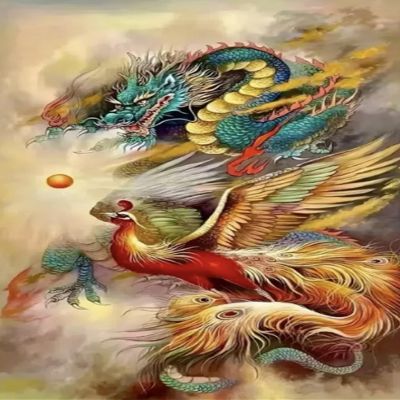 Brennora 11-Count Pre-Printed Cross-Stitch Kit, Dragon and Phoenix, for Adults and Beginners, DIY Wall Art, 40 × 50 cm