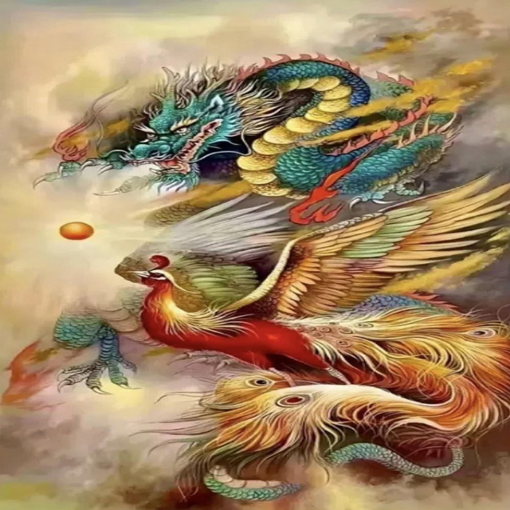 Brennora 11-Count Pre-Printed Cross-Stitch Kit, Dragon and Phoenix, for Adults and Beginners, DIY Wall Art, 40 × 50 cm