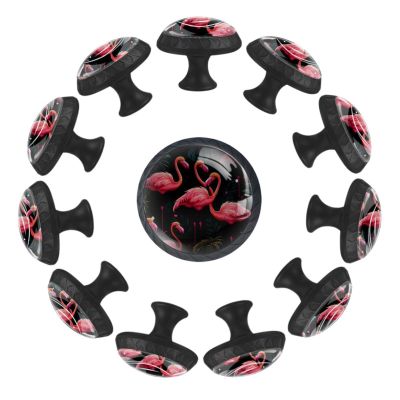 Pink Jungle Flamingo Crystal Glass Cabinet Knobs, Round, Transparent, 12-Piece Set