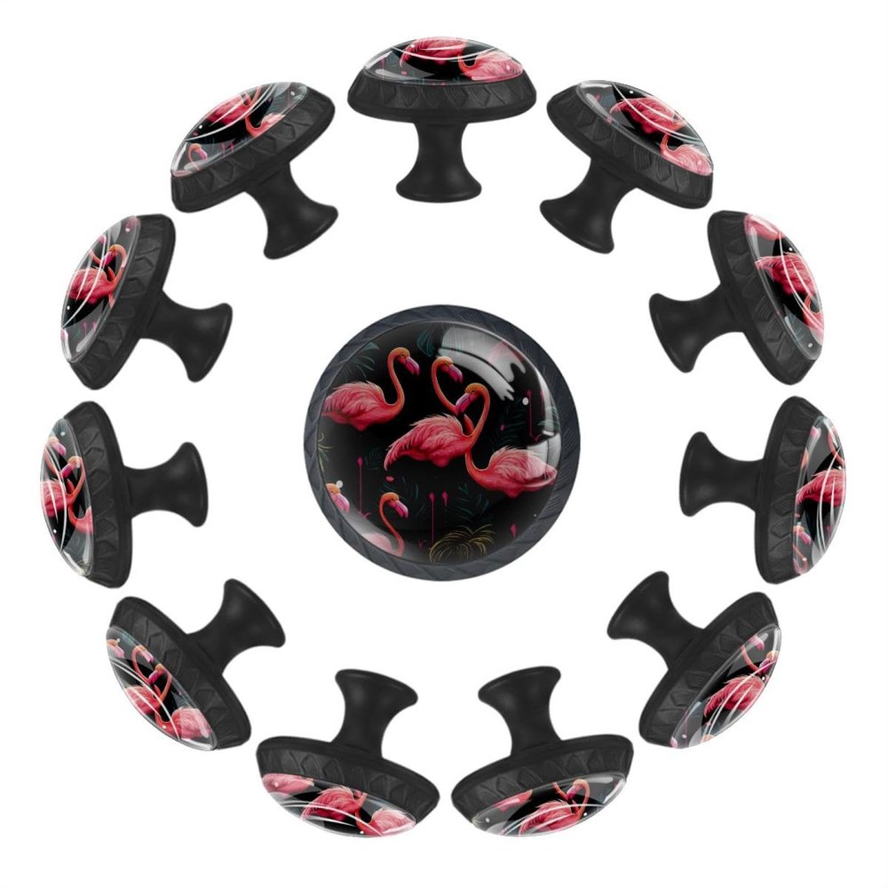 Pink Jungle Flamingo Crystal Glass Cabinet Knobs, Round, Transparent, 12-Piece Set