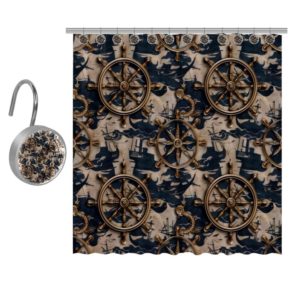 Eslifey Anchor Shower Curtain Set with Rings and 10 Hooks, 152.4 x 183.9 cm