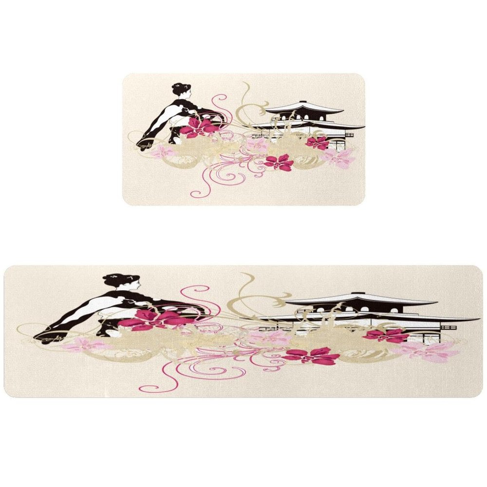 VAPOKF Kitchen Mats, Traditional Japanese Women Design, Non-Slip, Washable, Absorbent, Set of 2