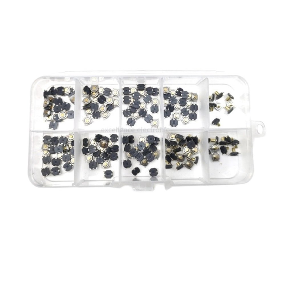 UYCUODLUY 180-Piece Momentary Metal Tactile Push Button Switch Set, H=1.5/1.6/1.7/2.0/2.3/2.5/3.0/3.5/4.3 mm, SMT, 4-Pin