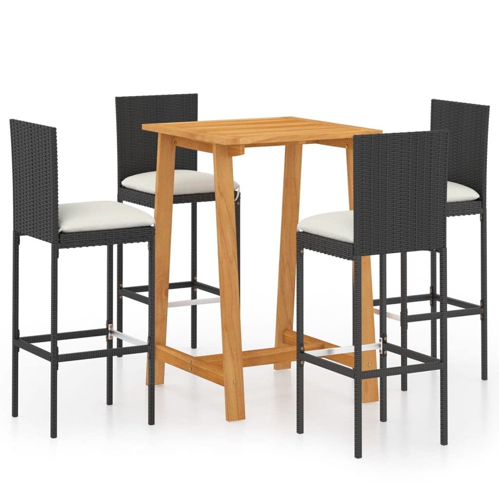 Home Items 5-Piece Black Polyrattan Garden Bar Set with Cushions