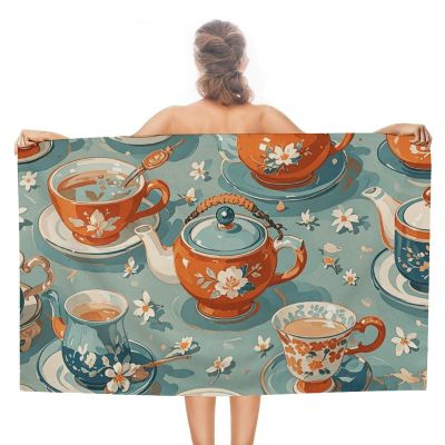 VFMNT Oversized Beach Towel for Adults, Teapot and Cup, Sand-Free, Quick-Drying, Absorbent, 129.5 x 78.7 cm