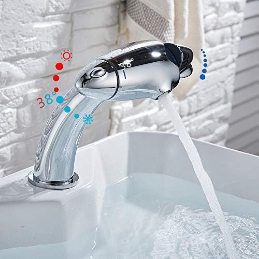 Deck-Mounted Bathroom Vanity Faucet, Thermostatic, Double-Handle