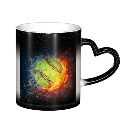 Orange Softball Baseball on Fire and Water Color-Changing Ceramic Mug