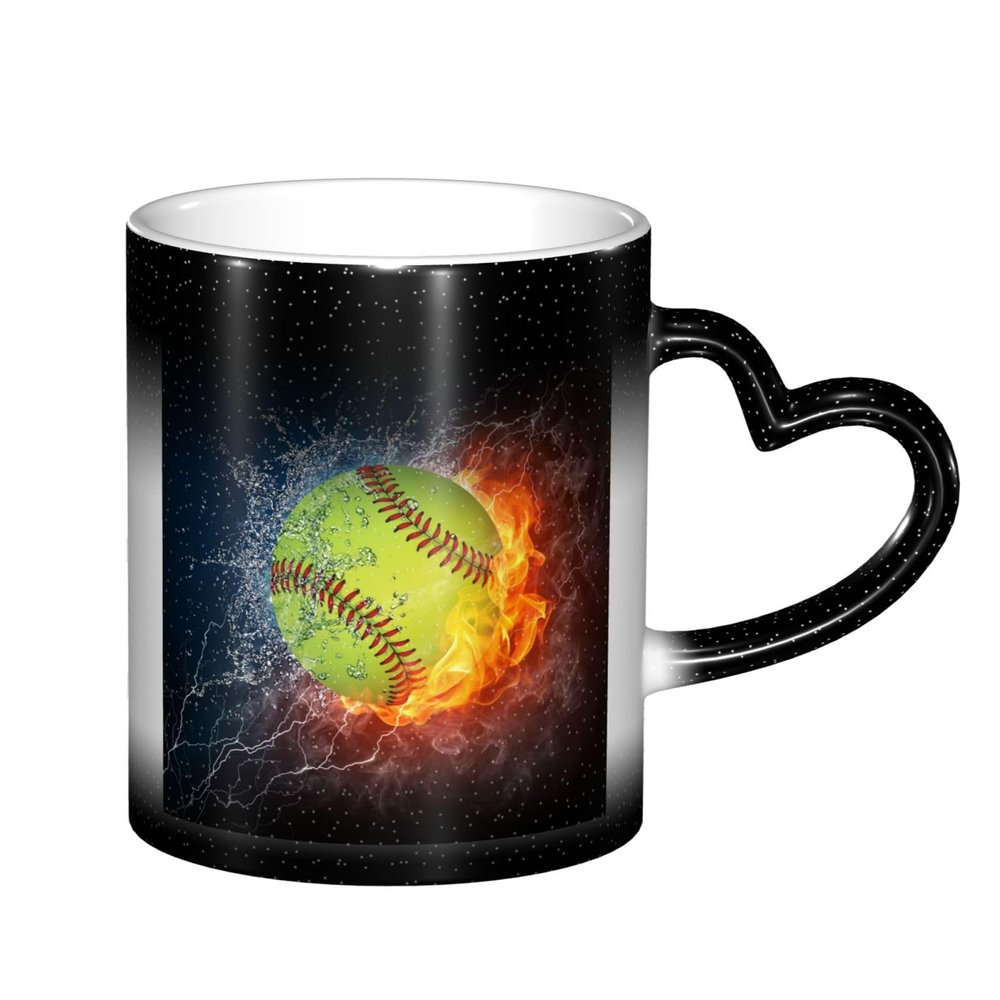 Orange Softball Baseball on Fire and Water Color-Changing Ceramic Mug