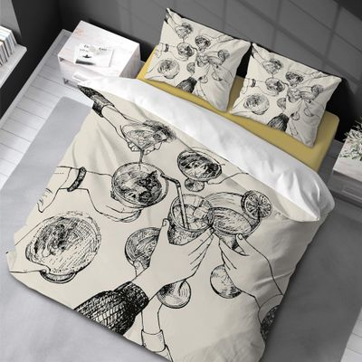 ZXBNNN Friends Toasting Queen Duvet Cover Set - Modern, Simple Black-and-White Retro-Style Queen Bedding Set, 160 x 220 cm + 2 Pillowcases 40 x 65 cm