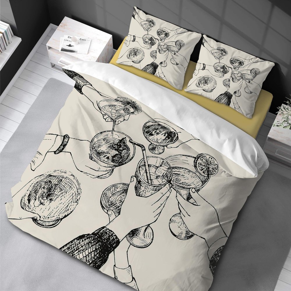 ZXBNNN Friends Toasting Queen Duvet Cover Set - Modern, Simple Black-and-White Retro-Style Queen Bedding Set, 160 x 220 cm + 2 Pillowcases 40 x 65 cm