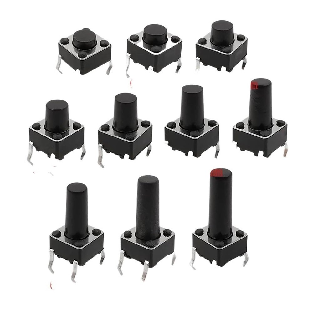 UYCUODLUY 200/100-Piece 10-Model 6 × 6 Tactile Push Button Switch Kit, 4.3–13 mm DIP 4-Pin Switches with Box