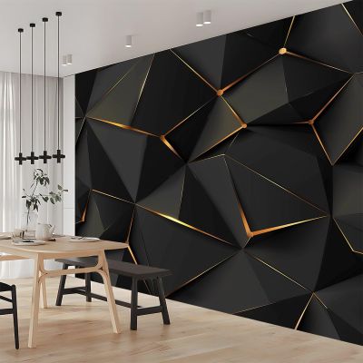 Non-Woven Photo Wallpaper, Geometric Gold Lines on Black, 400 x 280 cm