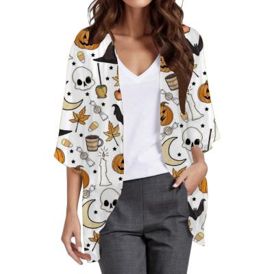Bauzuoyo Women's Halloween Pumpkin Print Open-Front Cardigan