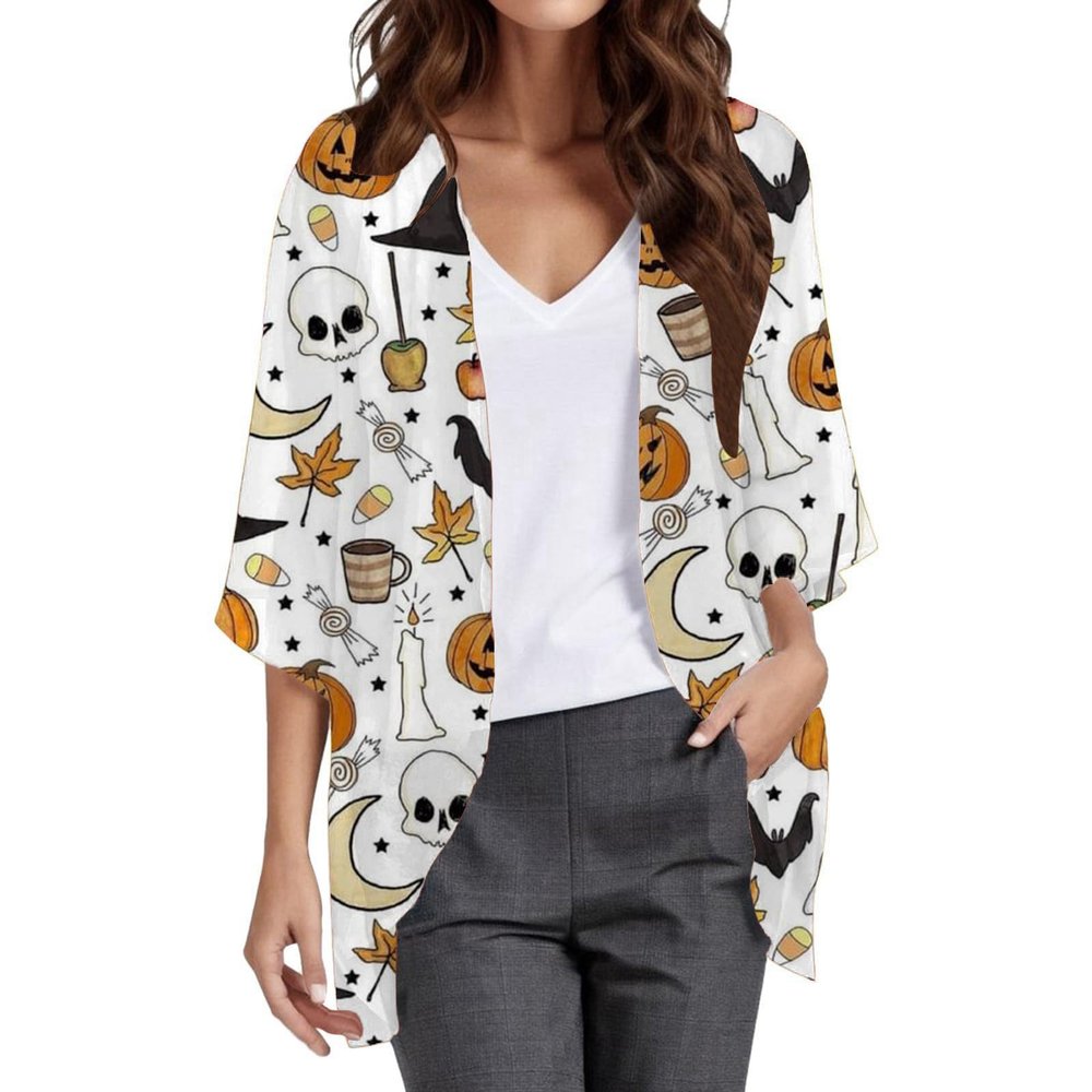 Bauzuoyo Women's Halloween Pumpkin Print Open-Front Cardigan