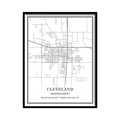 Cleveland, Mississippi Wall Art City Map, Unframed Canvas, 9 x 11 in