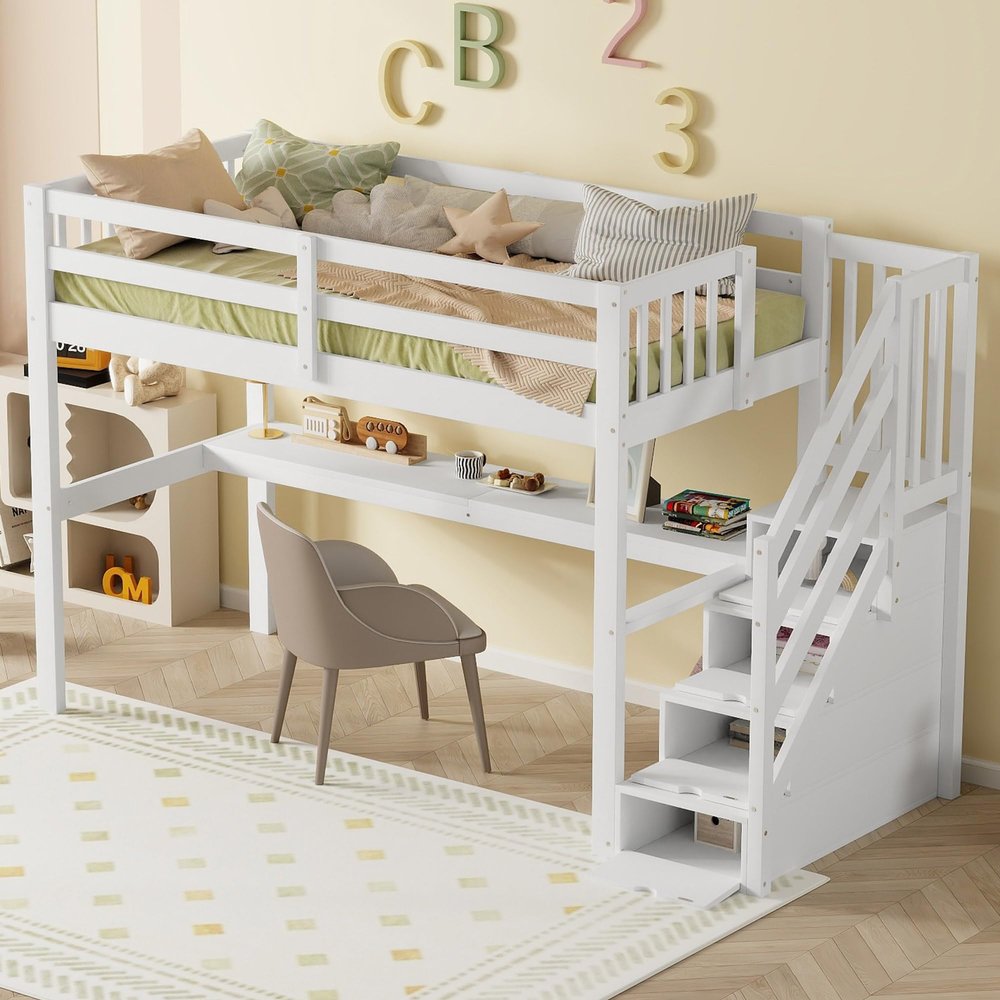 Kids' Loft Bed with Storage Drawers and Under-Bed Desk, 90 x 200 cm
