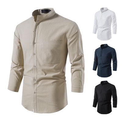 Men's Linen Gothic Shirt with Pocket, Long Sleeve Stand Collar