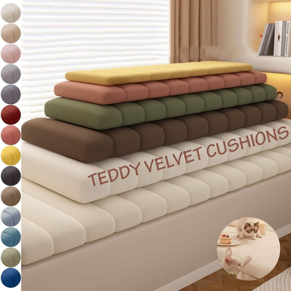 VisLarsc Custom Indoor Window Seat Cushion, Teddy Velvet Sponge Bench Pad, Waterproof, Cat-Scratch-Resistant, Non-Slip Base, 50 x 40 x 6.5