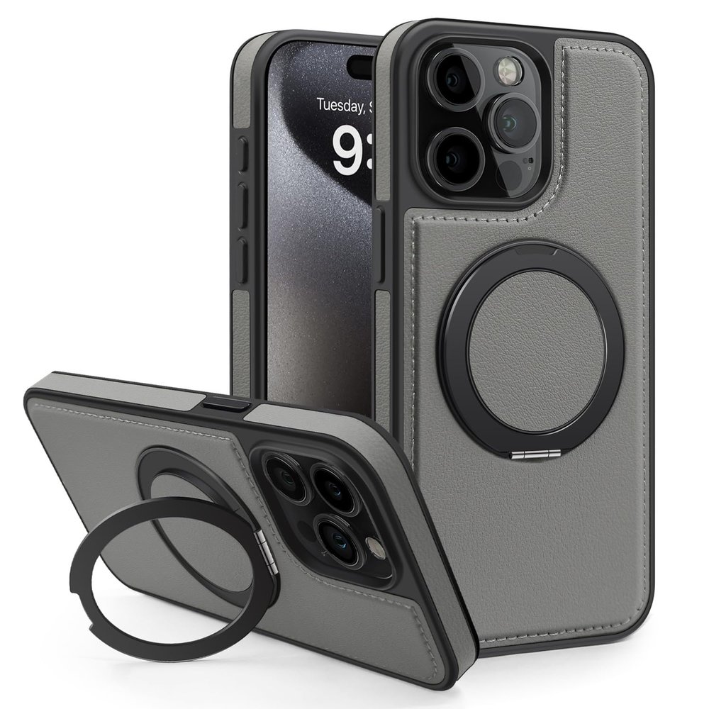 Sitthyw iPhone 14 Magnetic PU Leather Case with Ring Stand, Gray