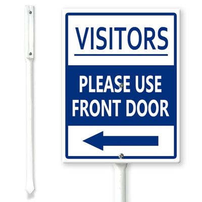 Horienteeon Aluminum Sign with Arrows, “Visitors Please Use Front Door,” with Stakes, 20 x 30 cm