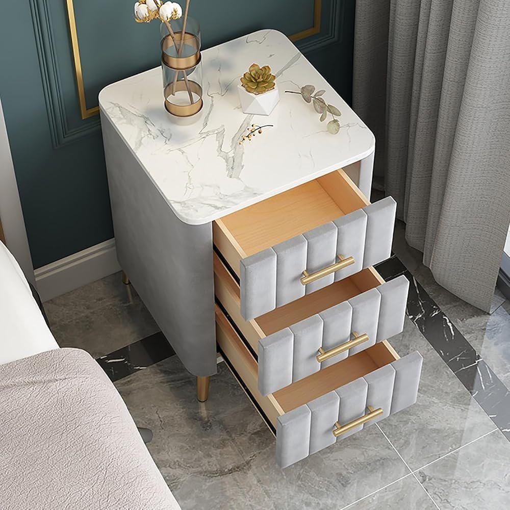 GWWBD Velvet Nightstand with 3 Drawers, Faux-Marble Top and Metal Legs, Gray