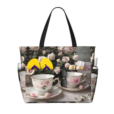 YQxwJL Rose Teacups Shabby-Print Shoulder Tote, Black, One Size