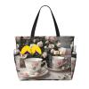 YQxwJL Rose Teacups Shabby-Print Shoulder Tote, Black, One Size view 1