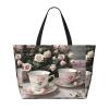 YQxwJL Rose Teacups Shabby-Print Shoulder Tote, Black, One Size view 2
