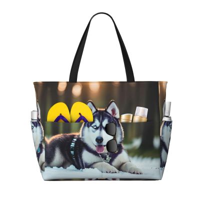 YQxwJL Waterproof Shoulder Bag with Husky Dog Print, Summer Beach Tote, Large Travel Bag, Black, One Size