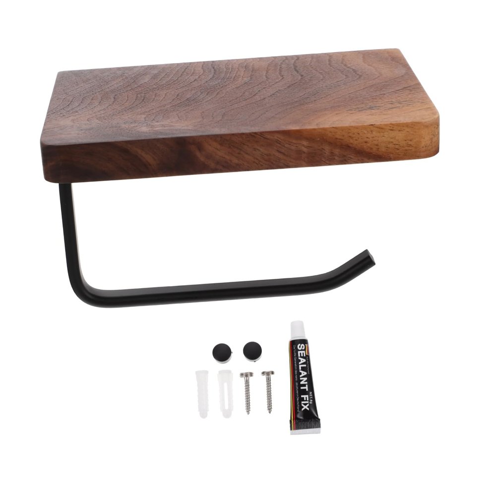Homoyoyo Flat Black Aluminum Toilet Paper Holder with Shelf, Adhesive or Drill-Mount