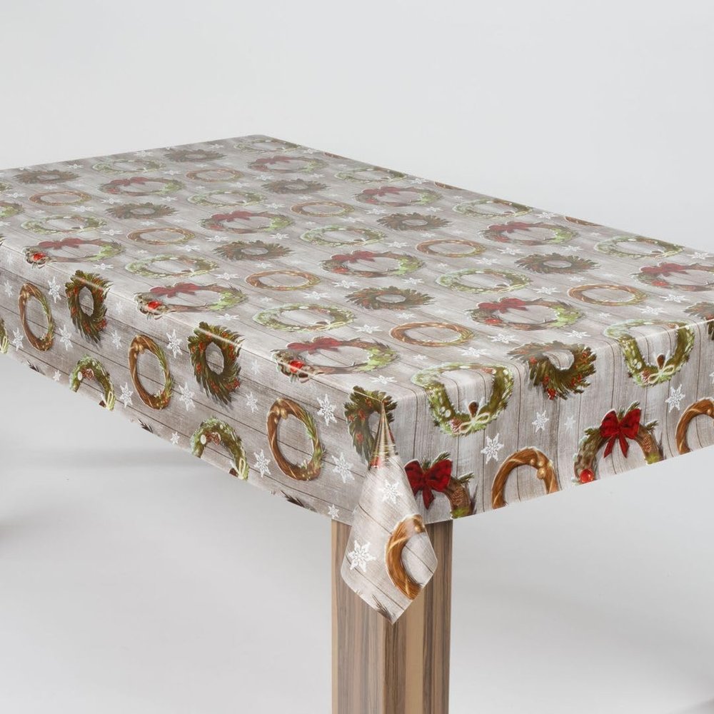 laro Washable PVC Oilcloth Tablecloth, Christmas Wreath Gray and White, 55 x 157 in