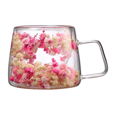 200 ml Double-Wall Glass Tea Cup with Dried Flowers and Handle