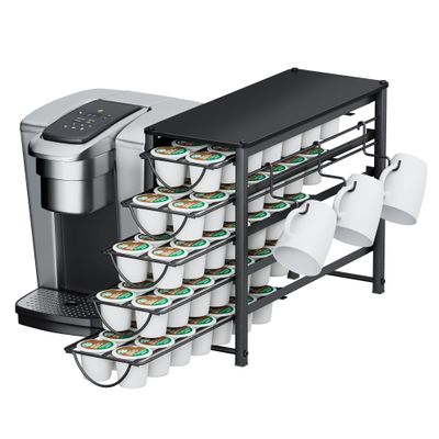 HFHOME K-Cup Holder for Countertops, 5-Tier Metal Drawer, 70-Cup Capacity, 3 Cup Holders