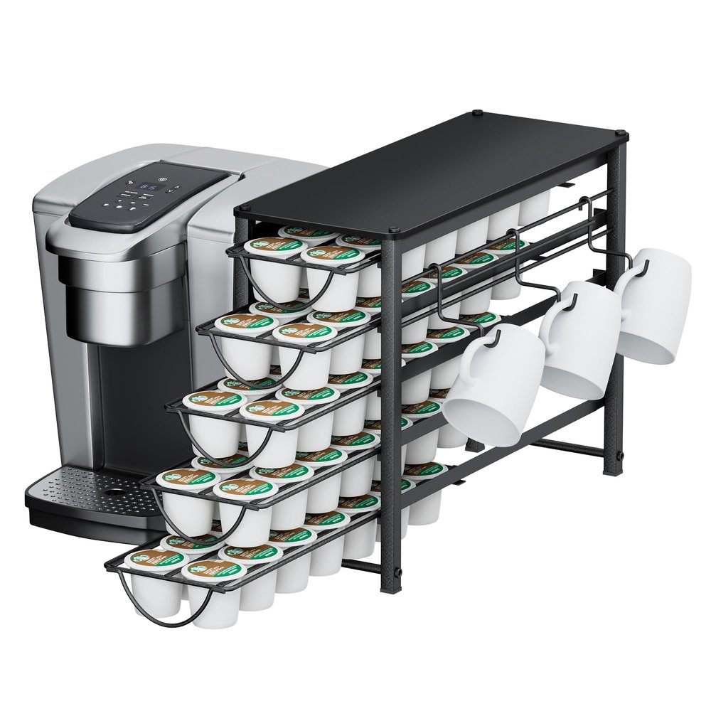 HFHOME K-Cup Holder for Countertops, 5-Tier Metal Drawer, 70-Cup Capacity, 3 Cup Holders
