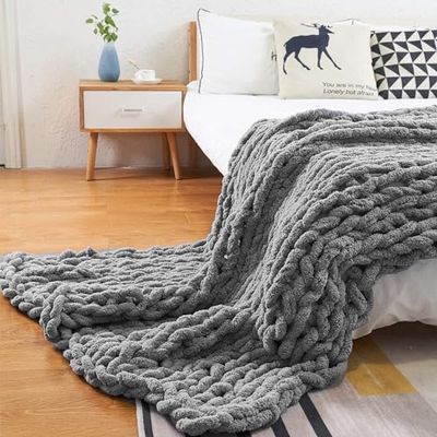 Handmade Chenille Cable-Knit Throw Blanket, Gray, 100 x 150 cm