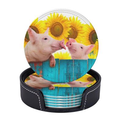 Fun Pig Sunflower Wooden Coasters for Drinks, Round Leather Coasters with Holder, 6-Piece Set