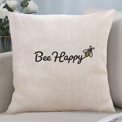 Yelolyio Bee Happy Decorative Quote Pillow Cover, Cotton-Linen, 22 x 22 in