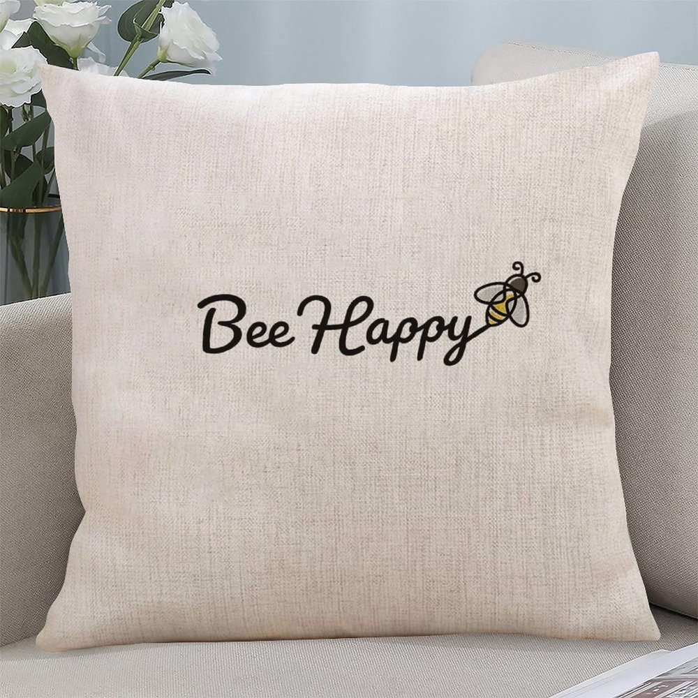 Yelolyio Bee Happy Decorative Quote Pillow Cover, Cotton-Linen, 22 x 22 in