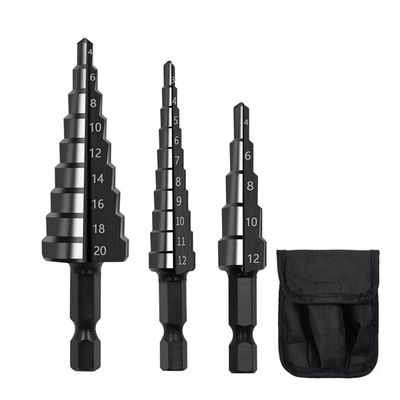 Xptieeck 3-Piece HSS Step Drill Bit Set, 3–12 mm, 4–12 mm, 4–20 mm, Straight Flute, for Metal