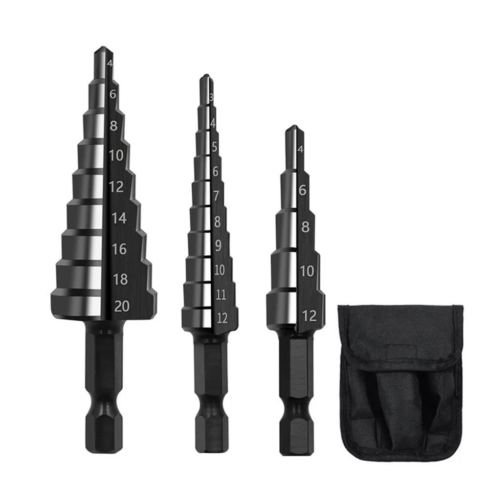 Xptieeck 3-Piece HSS Step Drill Bit Set, 3–12 mm, 4–12 mm, 4–20 mm, Straight Flute, for Metal