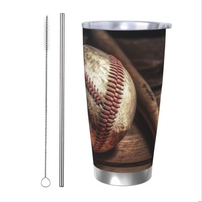 Ousika 590 ml Stainless Steel Travel Tumbler with Lid and Straw, Baseball Design
