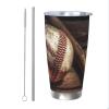 Ousika 590 ml Stainless Steel Travel Tumbler with Lid and Straw, Baseball Design view 1