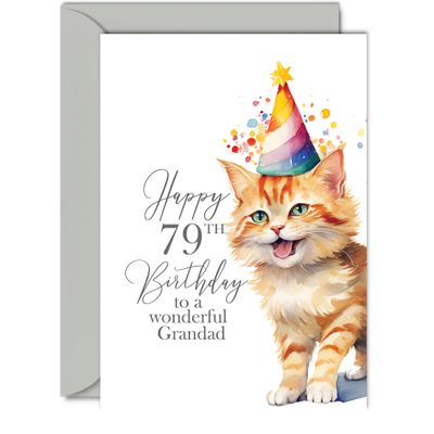 79th Birthday Card for Grandfather, Party Cat, A5