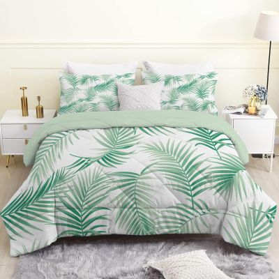 Linfye Reversible Comforter 240 x 220 cm, Green Palm Leaf Print, 4 Seasons, with 2 Pillowcases