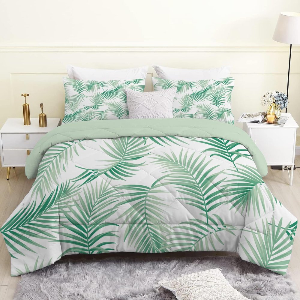 Linfye Reversible Comforter 240 x 220 cm, Green Palm Leaf Print, 4 Seasons, with 2 Pillowcases